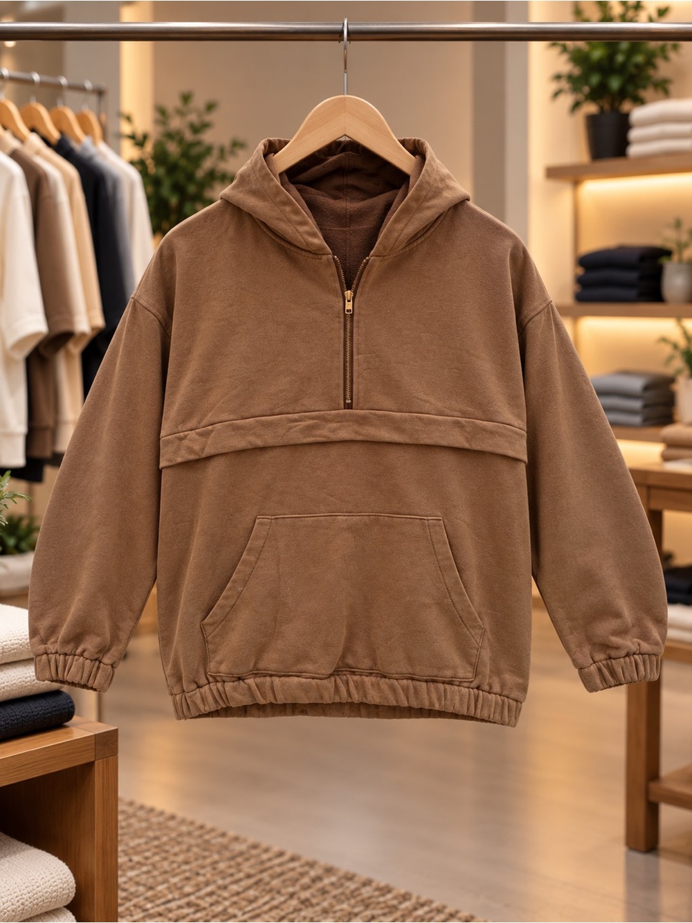 POL Brown Half-Zip Hooded Pullover Sweatshirt